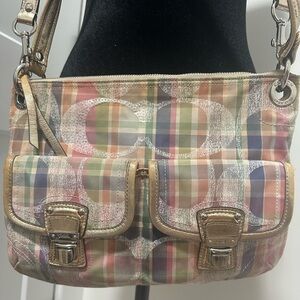 Coach Poppy Daisy Madras C canvas with sequins Pastel Plaid Shoulder crossbody